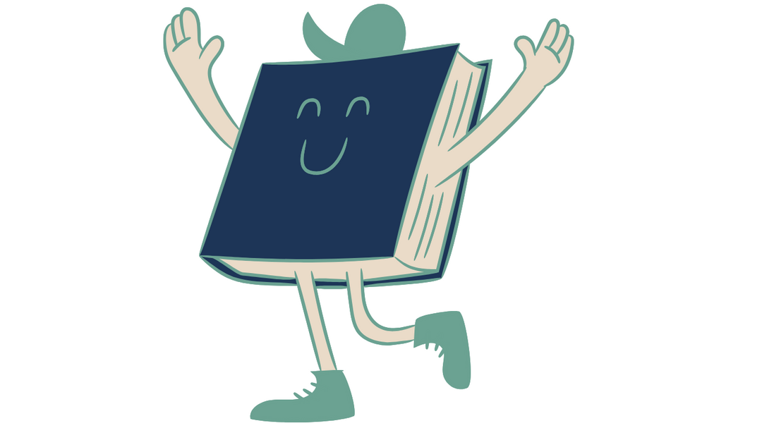 A cartoon image of a navy blue book. it has two eyes that look like upside down u's and a smiling mouth that looks like a big u, on the front of the book in sage green. it is wearing a sage green baseball cap. you arre loking at it slightly from the side so you can see the pages are warm sand color with lines of sage green for the definition of pages. There are two legs sticking out of the bottom both warm sand in color and both wearing sage green shoes. then there is a hand coming out from its left side that is warm sand color and his right hand coming out on the right sidde of the pages that is warm sand color. He has a sage green border around his whole body and both arms are raised up to the sky with joy. the background color is white